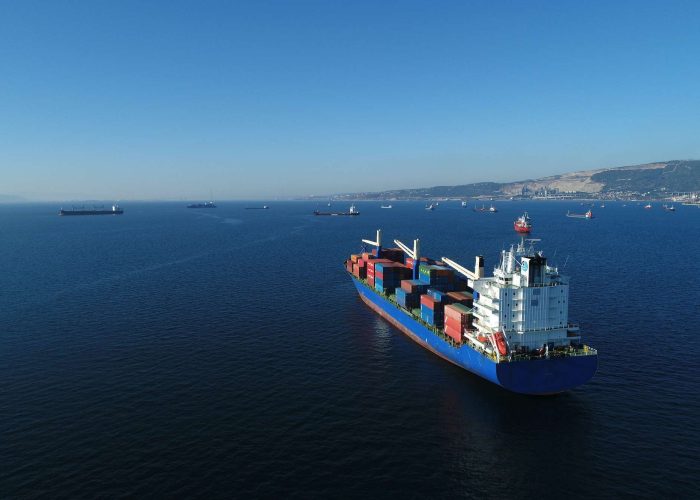 A cargo ship is shown sailing in a vast ocean with calm waves and clear blue water. The ship is surrounded by several other ships in the background, but it remains the main focus of the image. The ship is carrying multiple containers stacked on top of each other. The sky is clear, with some white clouds scattered in the distance.